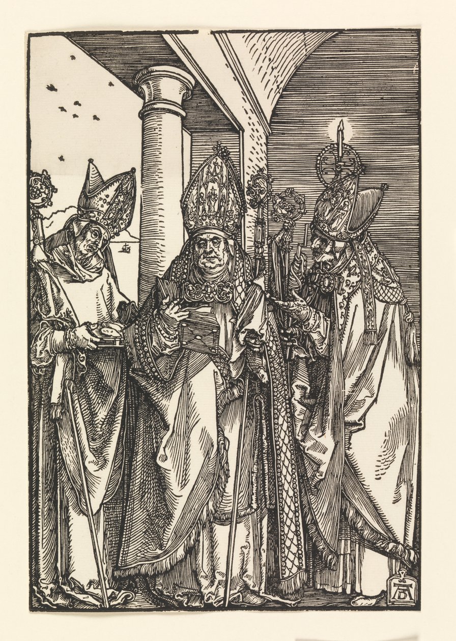 Bisschoppen Nicolaas, Ulric, Erasmus door Albrecht Dürer