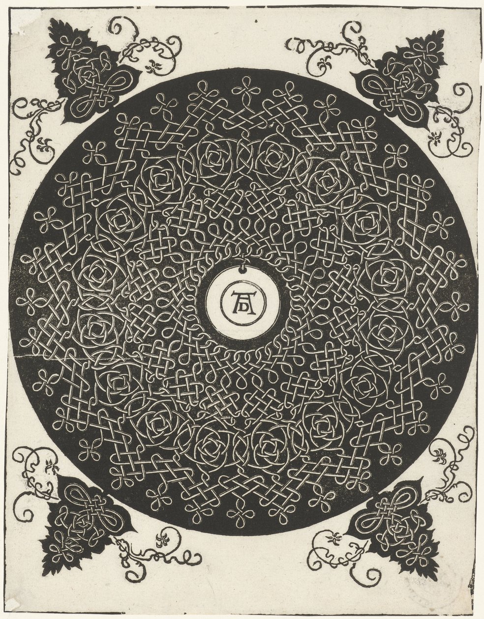 Borduurvoorbeeld met rond schildje door Albrecht Dürer
