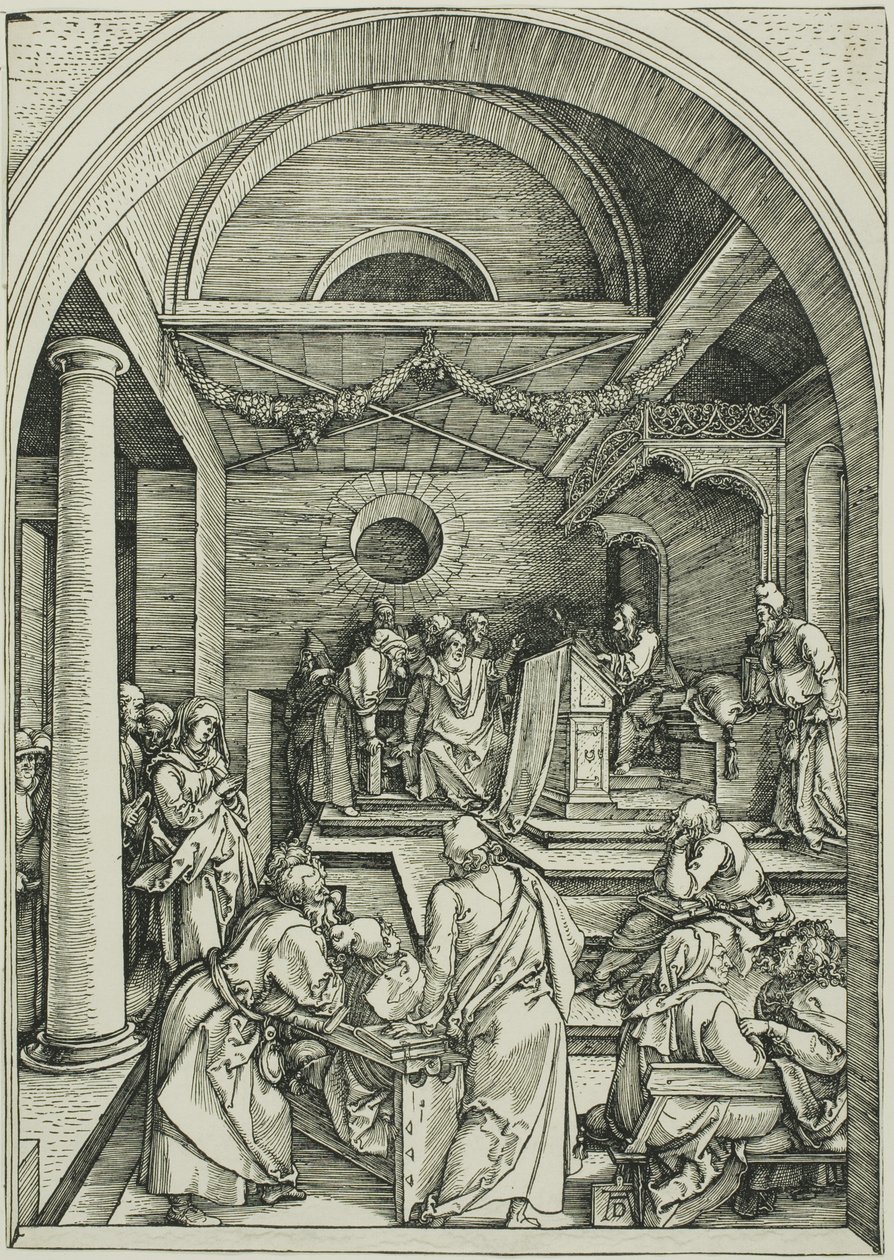 Christus onder de dokters, uit Het leven van de Maagd door Albrecht Dürer