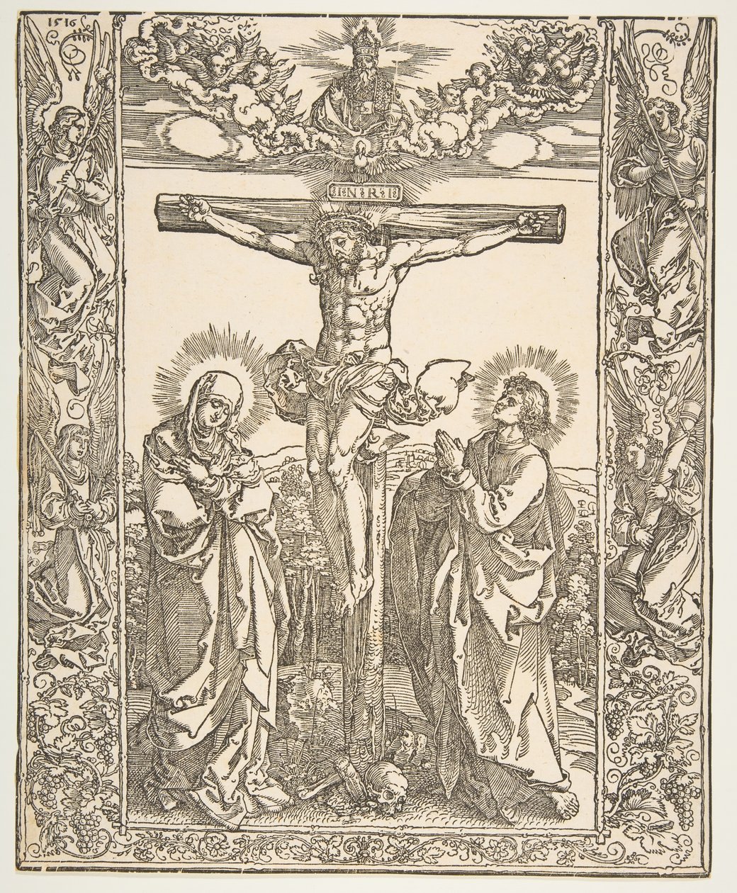 Christus aan het kruis tussen de Maagd en Sint Jan door Albrecht Dürer