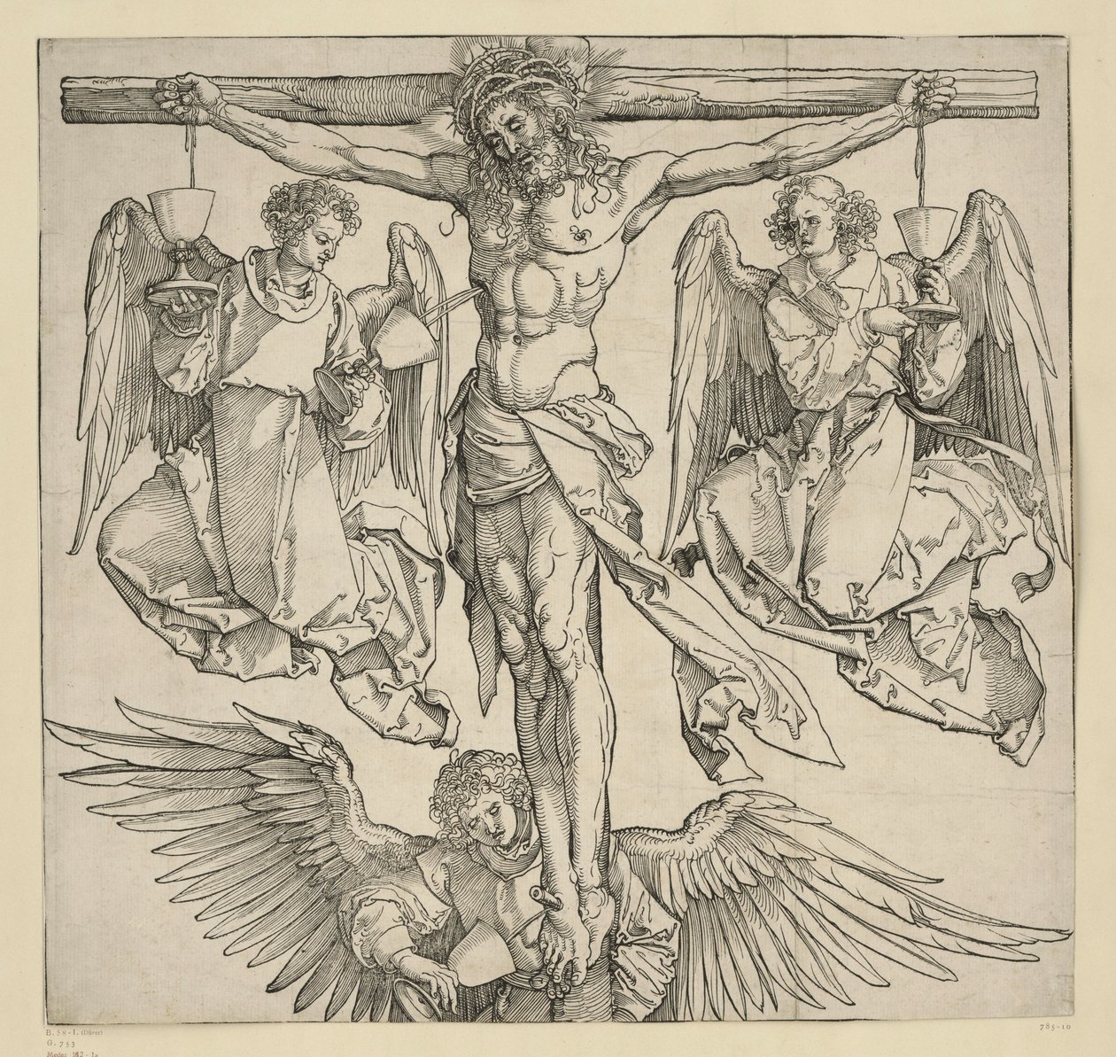 Christus aan het kruis met drie engelen door Albrecht Dürer