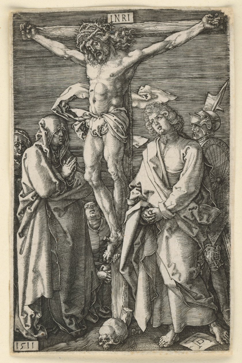 Christus aan het kruis tussen Maria en Johannes (Kopergravure-Passie) door Albrecht Dürer