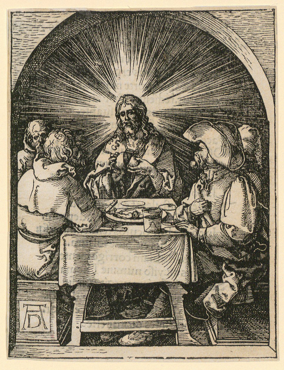 Christus in Emmaüs, blad 33 uit de reeks „Kleine houtsnede-Passie“ door Albrecht Dürer