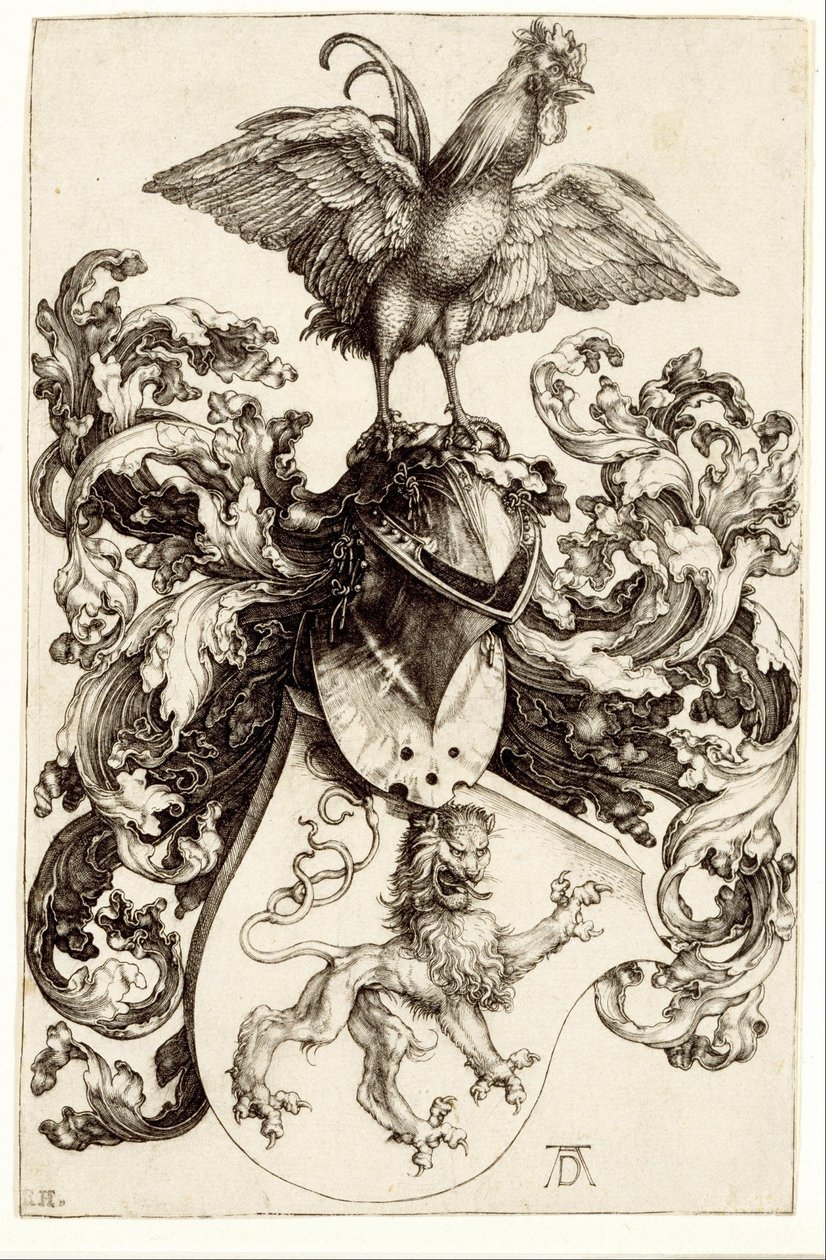 Wapenschild met een leeuw en een haan door Albrecht Dürer