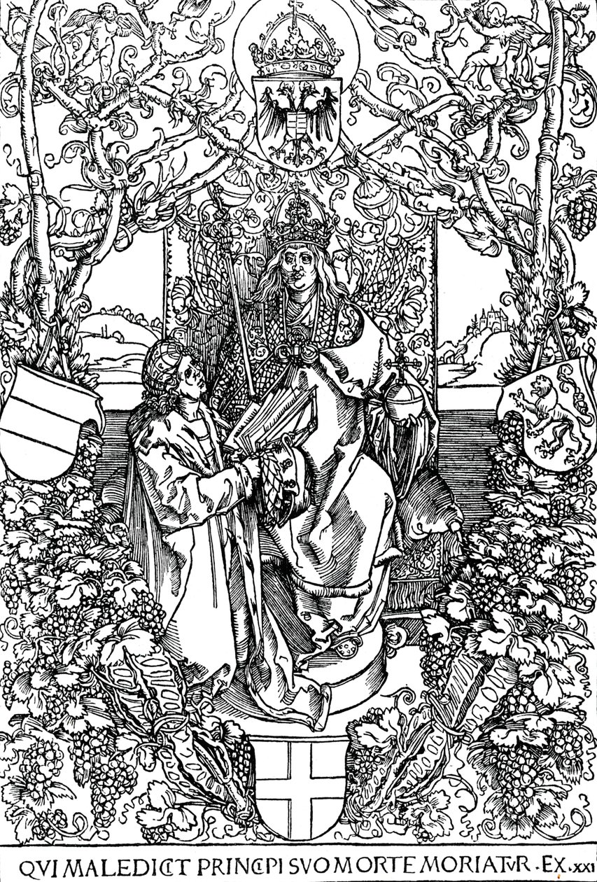 Conrad Celtes presenteert zijn boek Quatuor Libri Amorum aan Maximiliaan I, 1502 door Albrecht Dürer