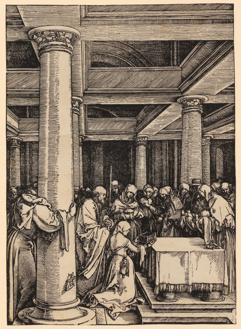 Afbeelding in de tempel, blad 13 uit de serie „Het leven van Maria” door Albrecht Dürer