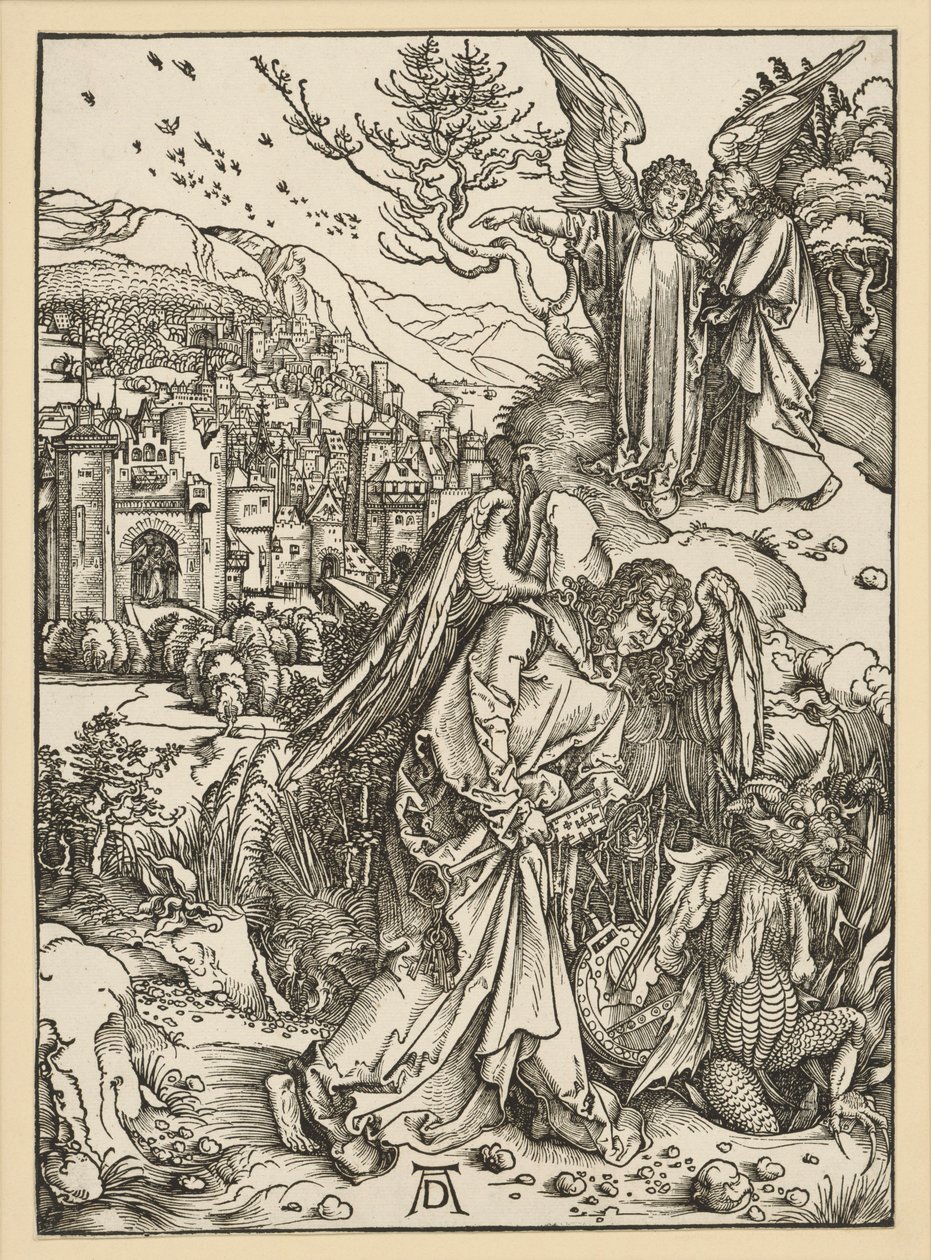 De engel werpt de draak in de afgrond en sluit hem daar op (Openbaring) door Albrecht Dürer