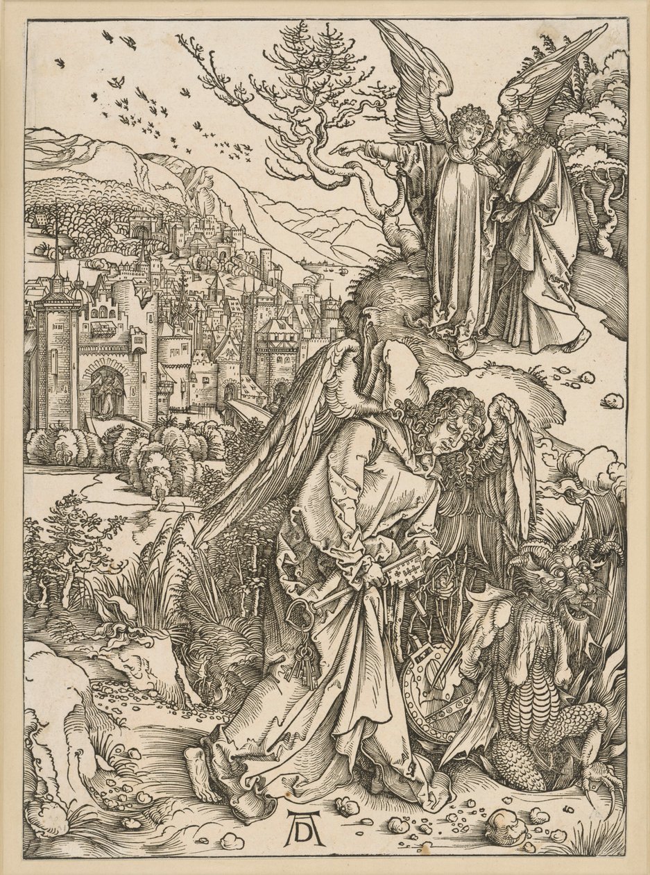 De engel werpt de draak in de afgrond en sluit hem daarin op (Apocalyps) door Albrecht Dürer