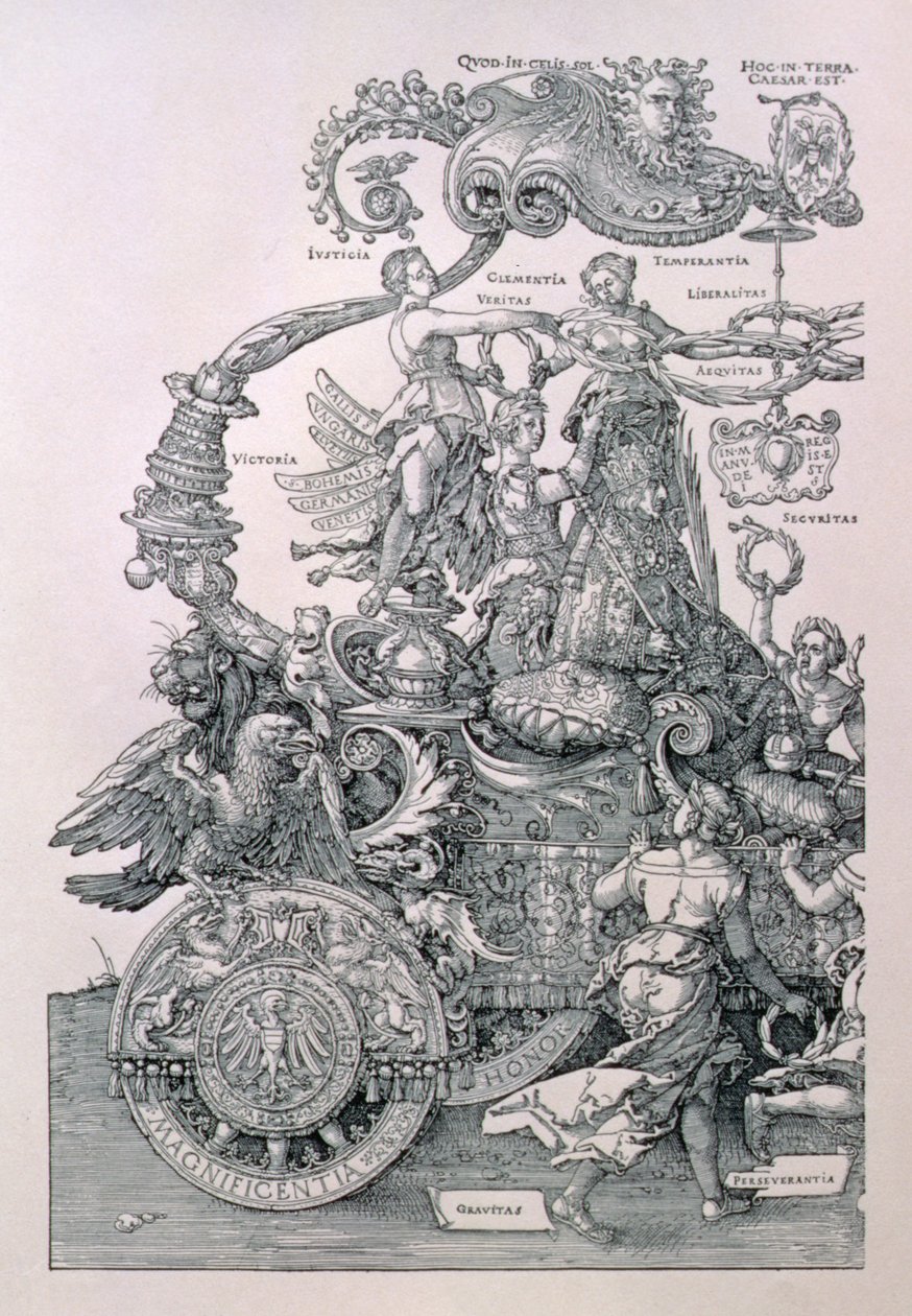 Ontwerp voor De Grote Triomfwagen van Keizer Maximiliaan I: detail met de Deugden die een krans op het hoofd van de Keizer plaatsen, gepland door Willibald Pirckheimer, uitgegeven c.1518 door Albrecht Dürer