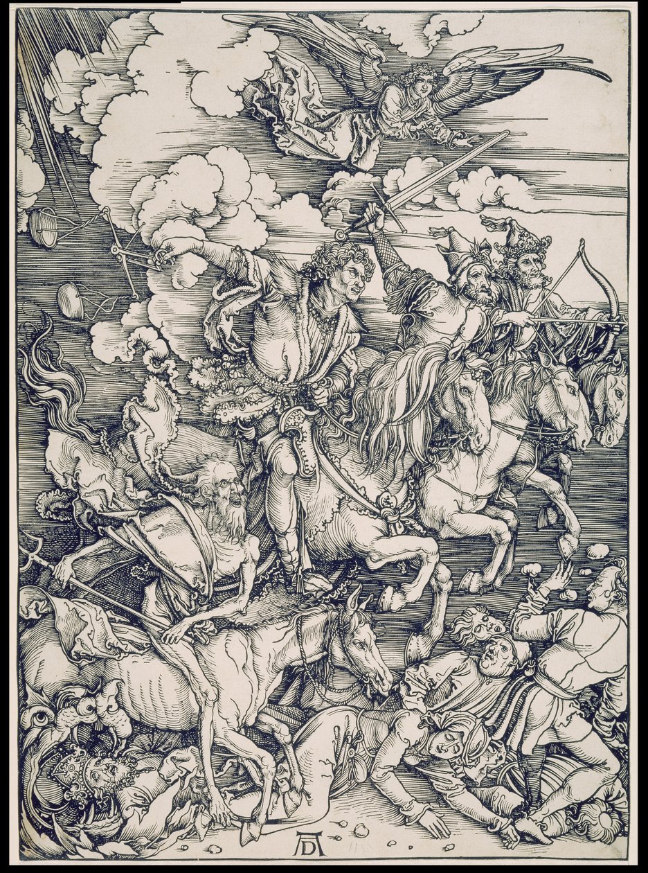 De apocalyptische ruiters, uit de reeks Apocalyps, afzonderlijke prent vóór de tekst door Albrecht Dürer