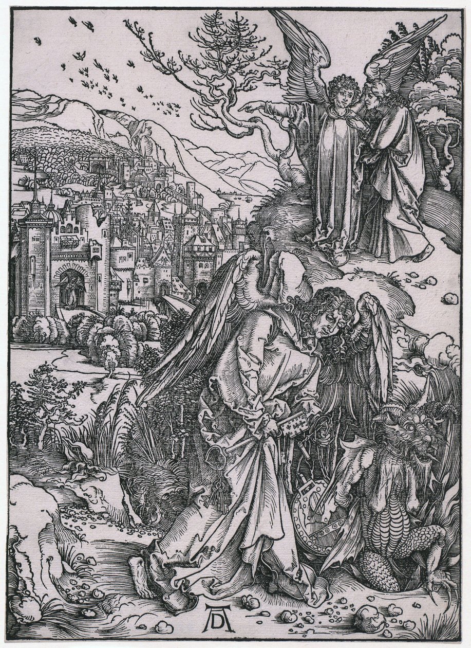 Engel met de sleutel tot de afgrond, XIV. Figuur, blad 16 uit de serie „De Apocalyps“ door Albrecht Dürer