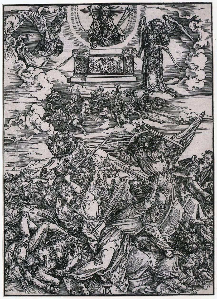Engelenstrijd, VII. Figuur, blad 9 uit de serie „De Apocalyps“ door Albrecht Dürer