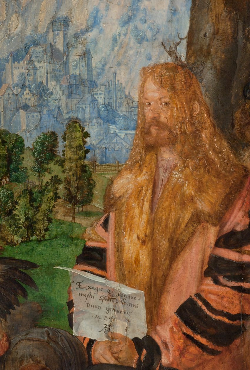 Feest van de Rozenkrans, detail rechtsboven:
Zelfportret door Albrecht Dürer