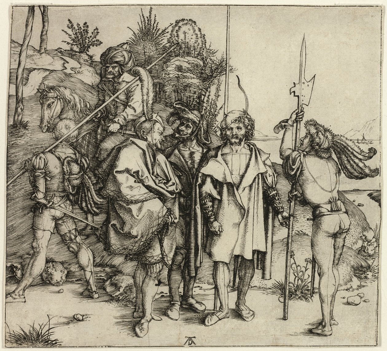 Vijf Landsknechten en een Oosterse Man te Paard door Albrecht Dürer
