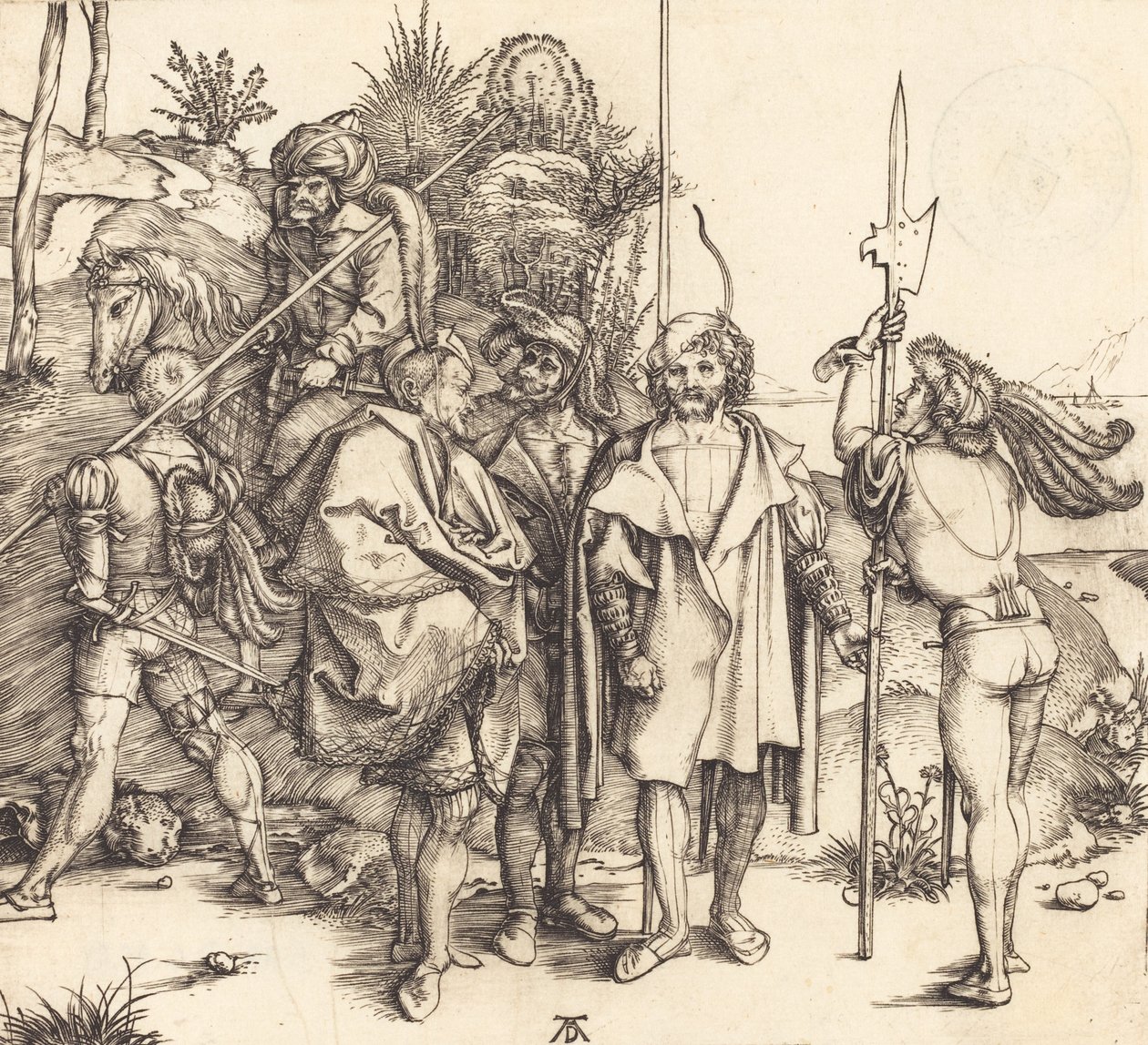 Vijf soldaten en een Turk te paard, 1495-1496 door Albrecht Dürer