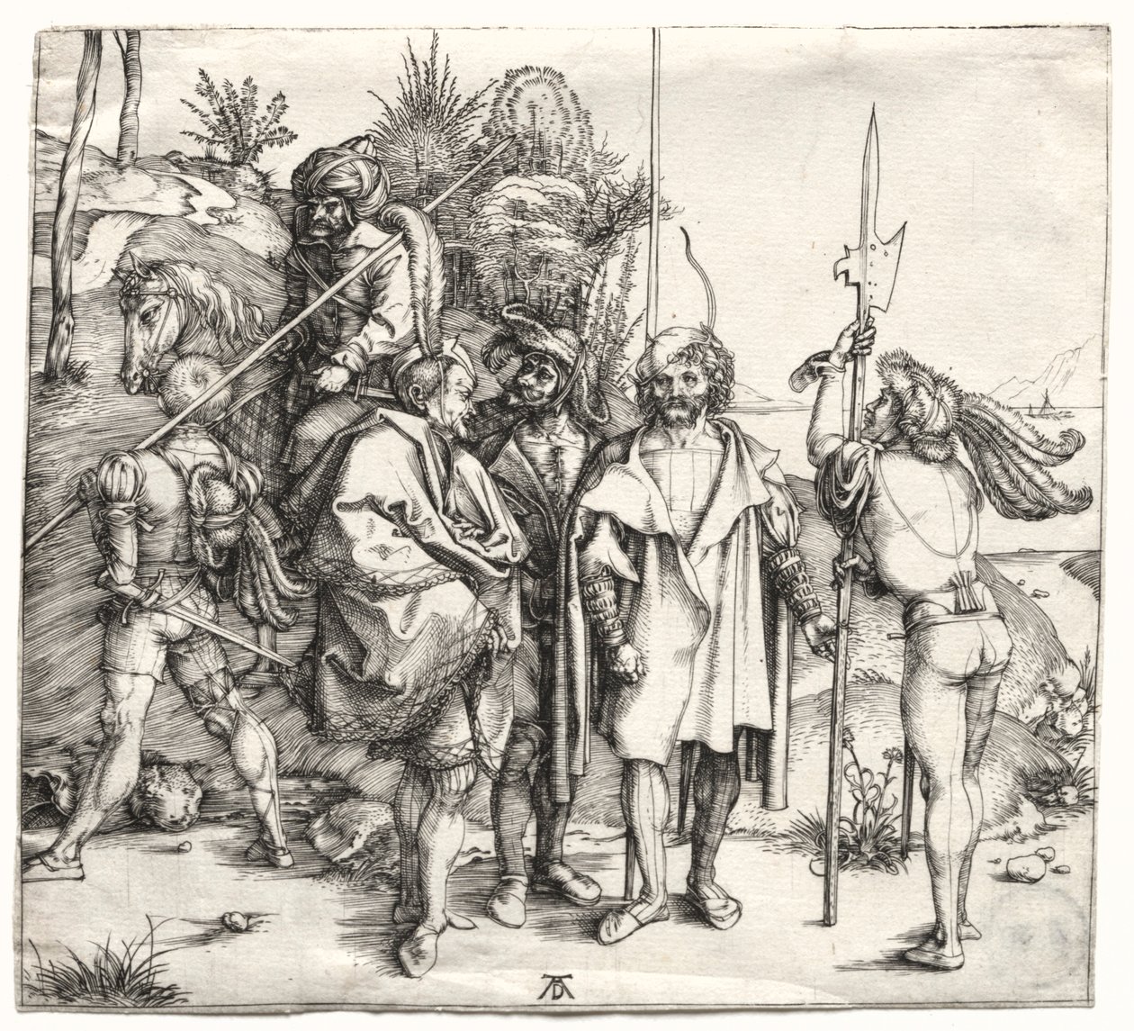 Vijf Soldaten en een Turk te Paard, waarschijnlijk 1496 door Albrecht Dürer