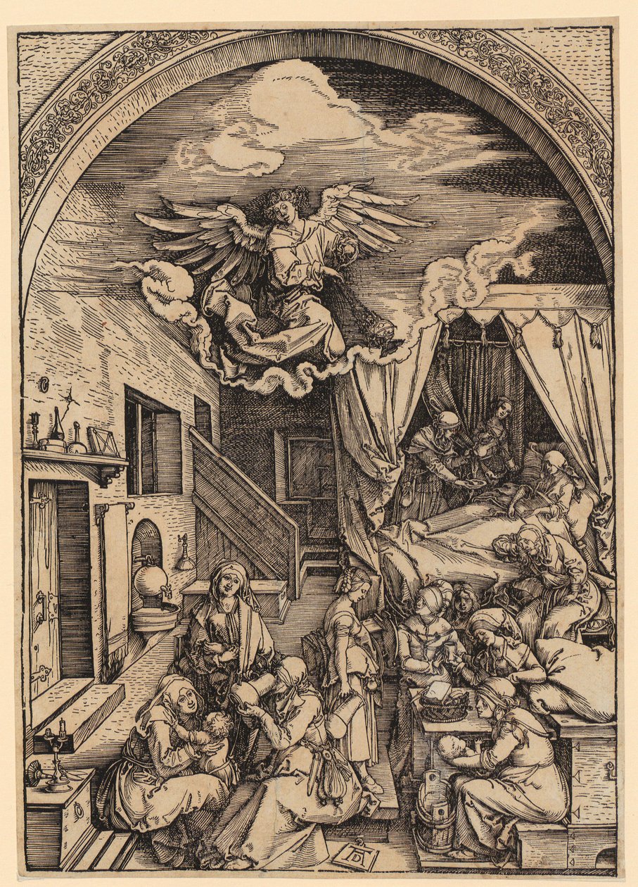 De geboorte van Maria, blad 5 uit de serie „Het leven van Maria” door Albrecht Dürer