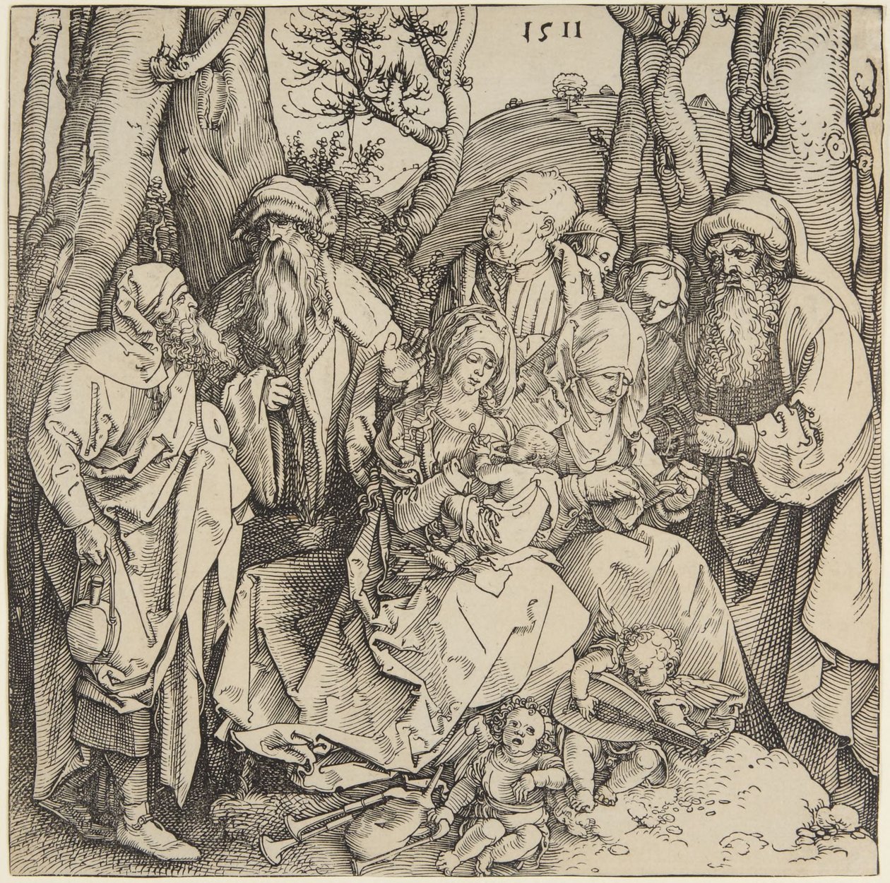 Heilige verwantschap met twee muzikale engelen door Albrecht Dürer