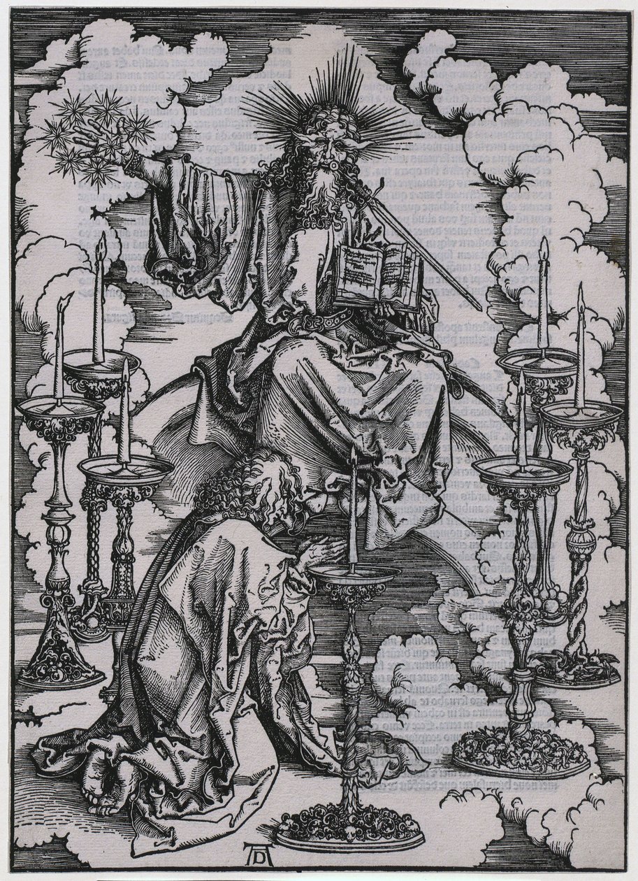 Johannes ziet de zeven kandelaars, figuur I, blad 3 uit de serie „De Apocalyps“ door Albrecht Dürer