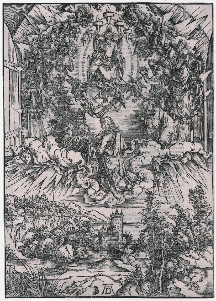 Johannes voor God de Vader en de oudsten, figuur II, blad 4 uit de serie „De Apocalyps“ door Albrecht Dürer