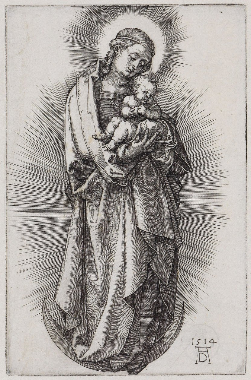 Maagd met haarband in stralenkrans op de maansikkel door Albrecht Dürer