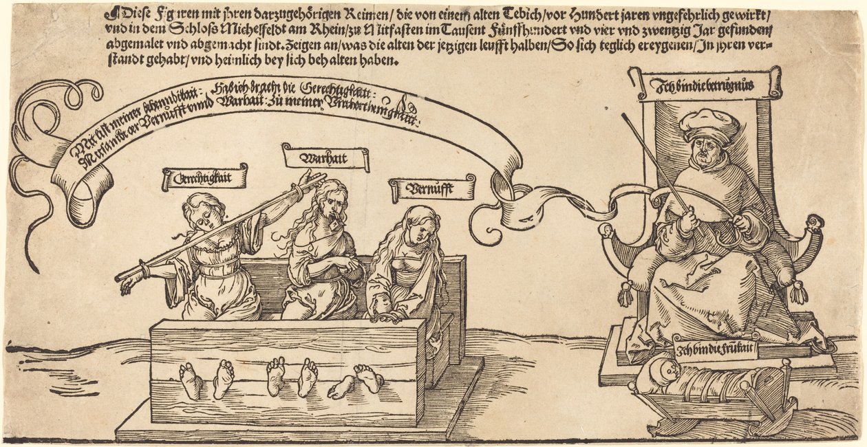 Gerechtigheid, Waarheid en Rede in de Stocks met de Zittende Rechter en Slapende Vroomheid door Albrecht Dürer