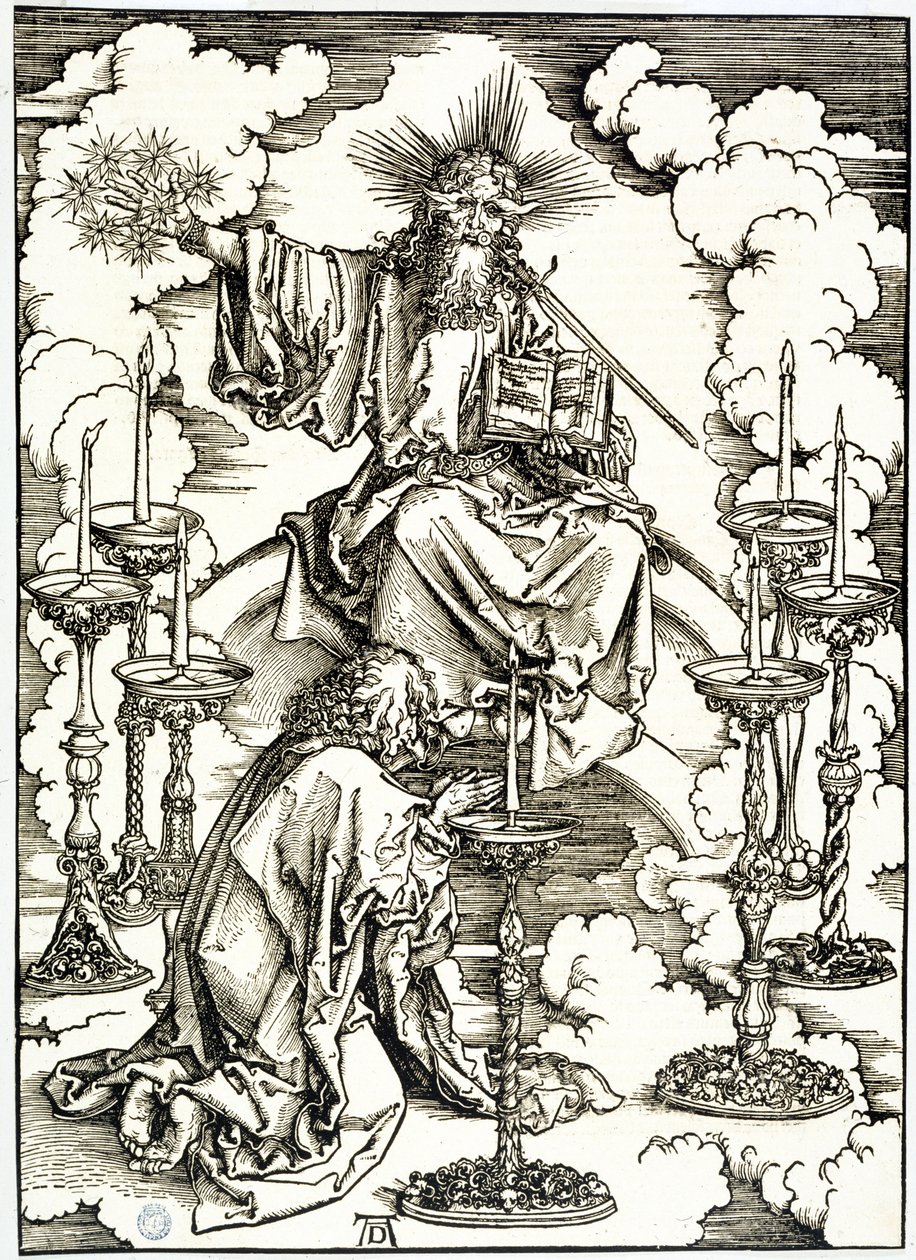De Apocalyps (Latijnse editie): Het visioen van de zeven kandelaars (Bartsch 62) door Albrecht Dürer