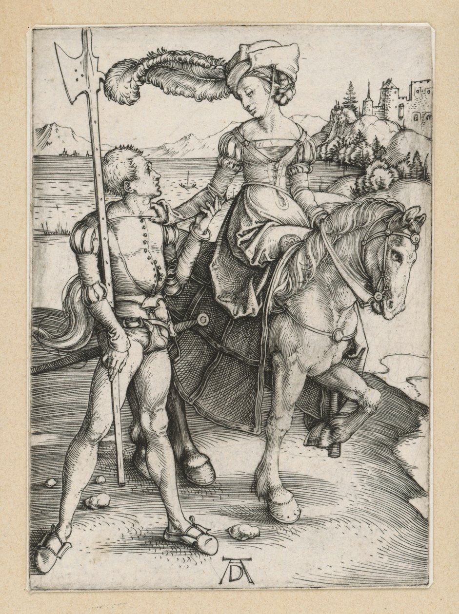Landsknecht en jongedame te paard door Albrecht Dürer