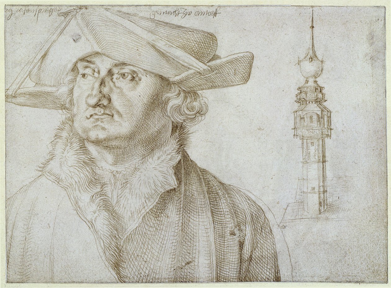 Lazarus Ravensburger en de toren van het landgoed van Liere in Antwerpen door Albrecht Dürer