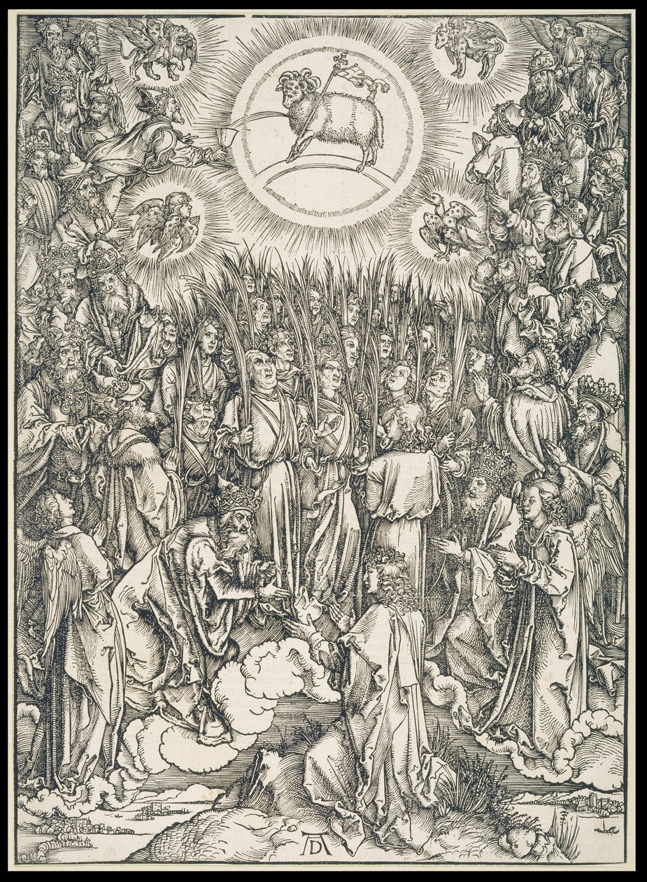 Lofzang van de uitverkorenen / Aanbidding van het Lam, uit de reeks Apocalyps, eerste Latijnse uitgave 1498 door Albrecht Dürer
