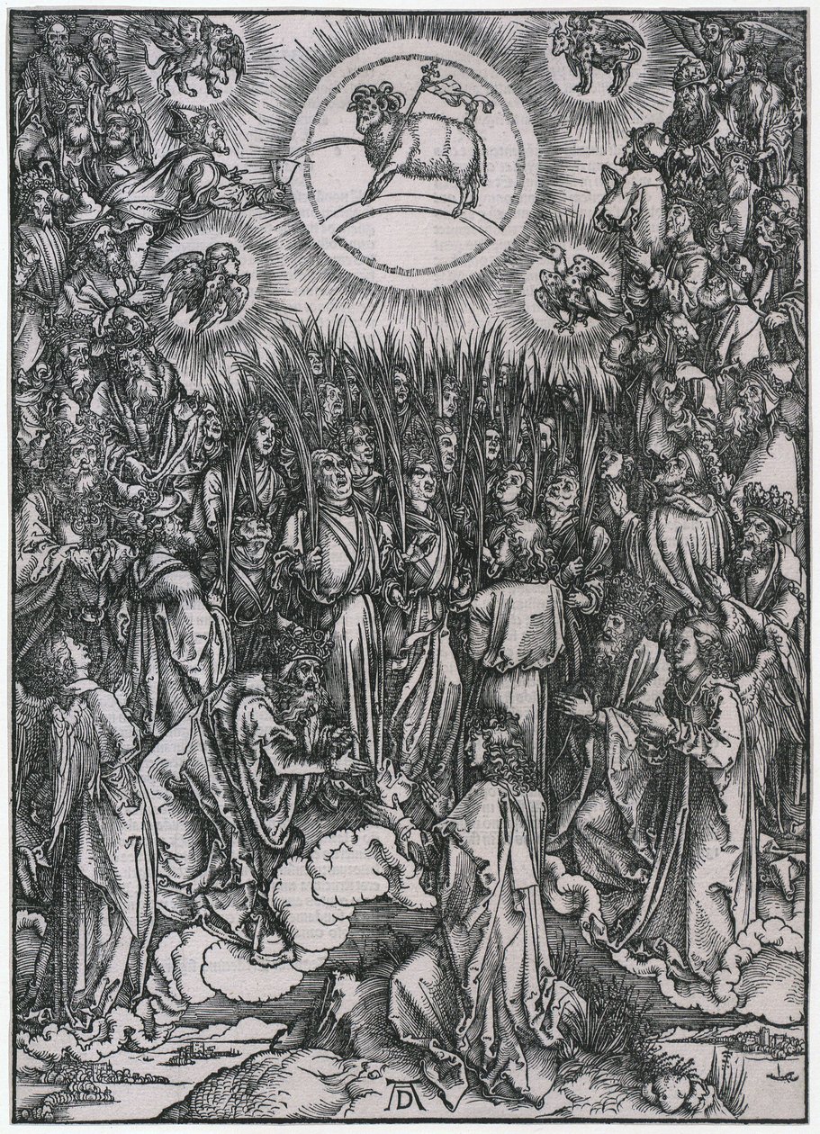 Lofzang van de uitverkorenen in de hemel / Aanbidding van het Lam, XIIe figuur, blad 14 uit de reeks „De Apocalyps“ door Albrecht Dürer