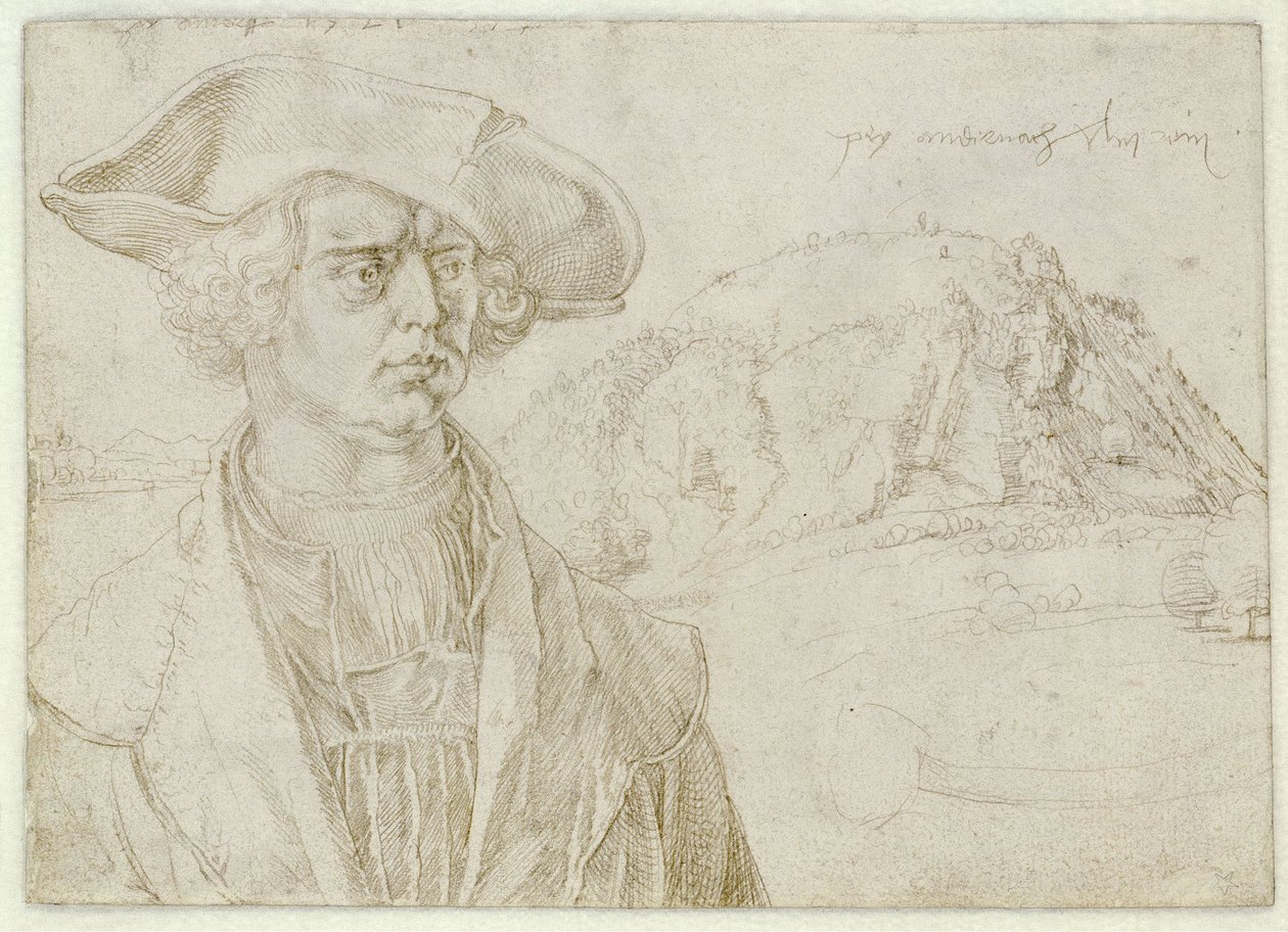Mannelijke borstbeeld (Aert Bruyn) en landschap bij Andernach door Albrecht Dürer