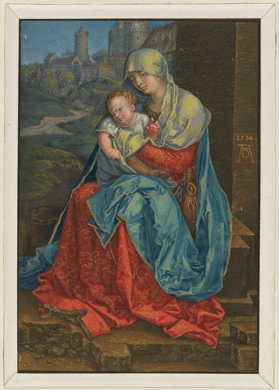 Maria met het Kind, zittend voor een muur door Albrecht Dürer