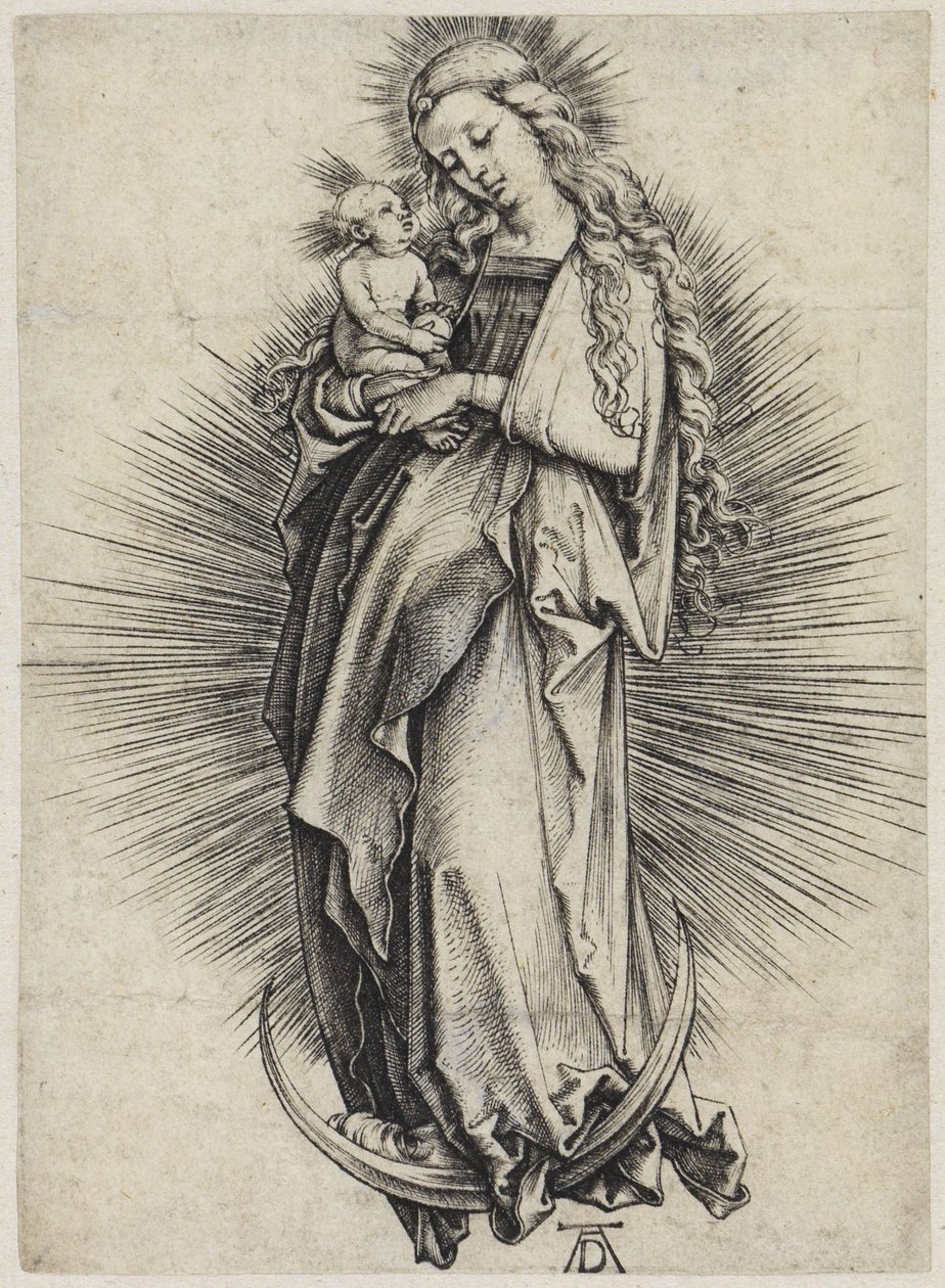 Maria met lang haar op de maansikkel door Albrecht Dürer