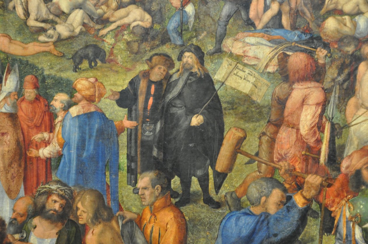 Martelaarschap van de tienduizend christenen; detail: Dürer en Conrad Celtis. door Albrecht Dürer