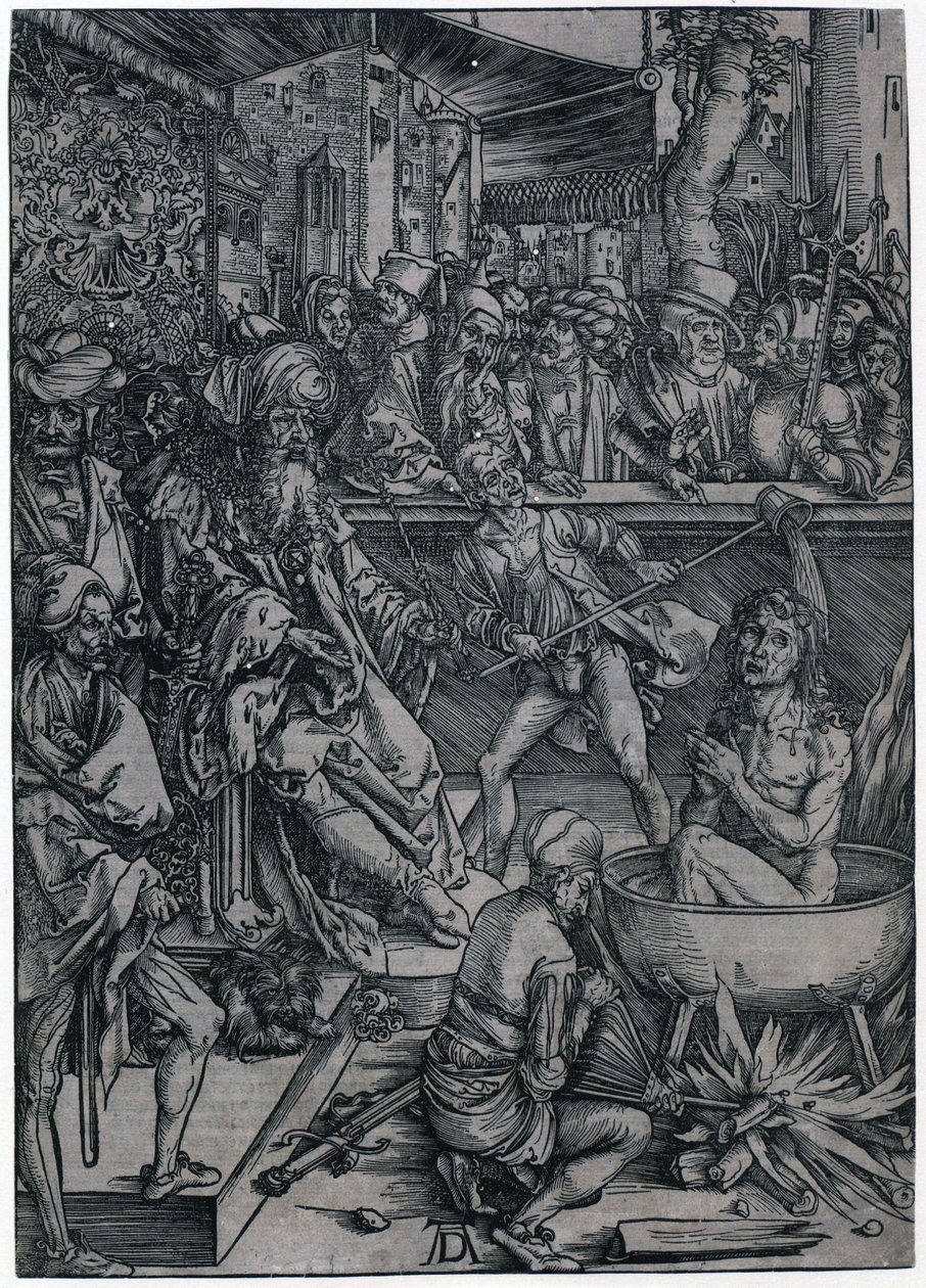 Het martelaarschap van de evangelist Johannes, blad 2  uit de reeks „De Apocalyps“ door Albrecht Dürer