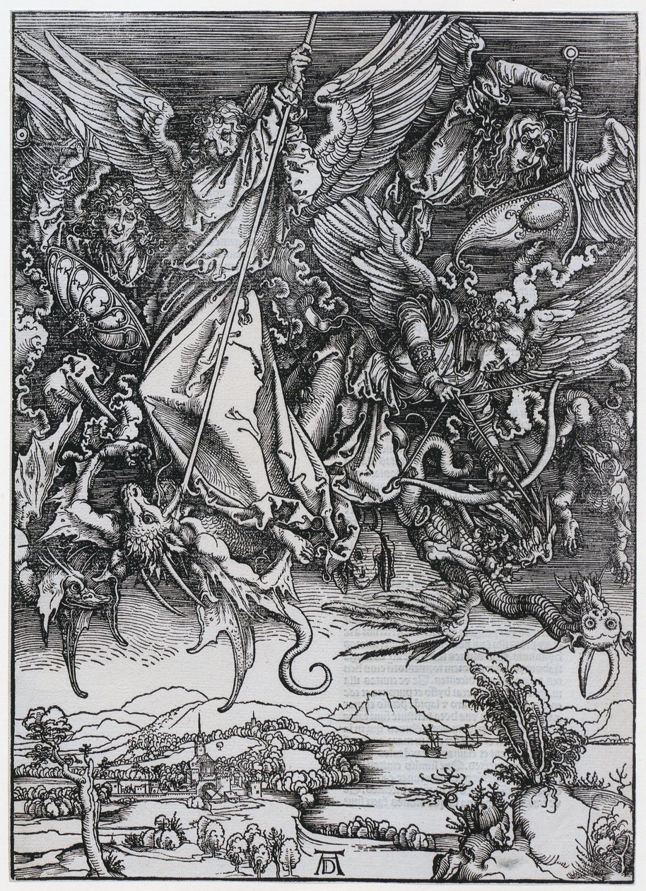 De strijd van Michaël met de draak, figuur X, blad 12 van de reeks „De Apocalyps“ door Albrecht Dürer