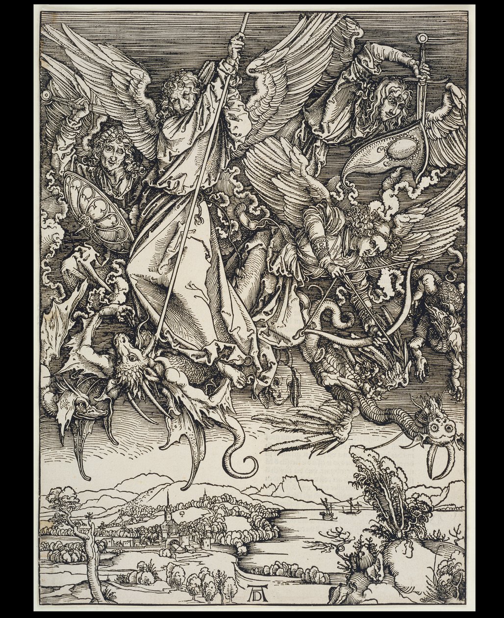 Michaëls strijd met de draak, uit de reeks Apocalyps, eerste Duitse uitgave 1498 door Albrecht Dürer