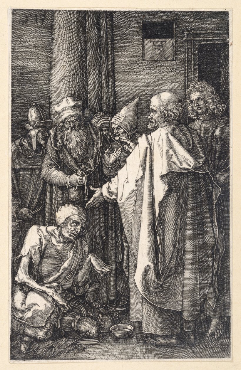 Petrus en Johannes genezen een lamme bedelaar in de tempel (Gegraveerde Passie) door Albrecht Dürer
