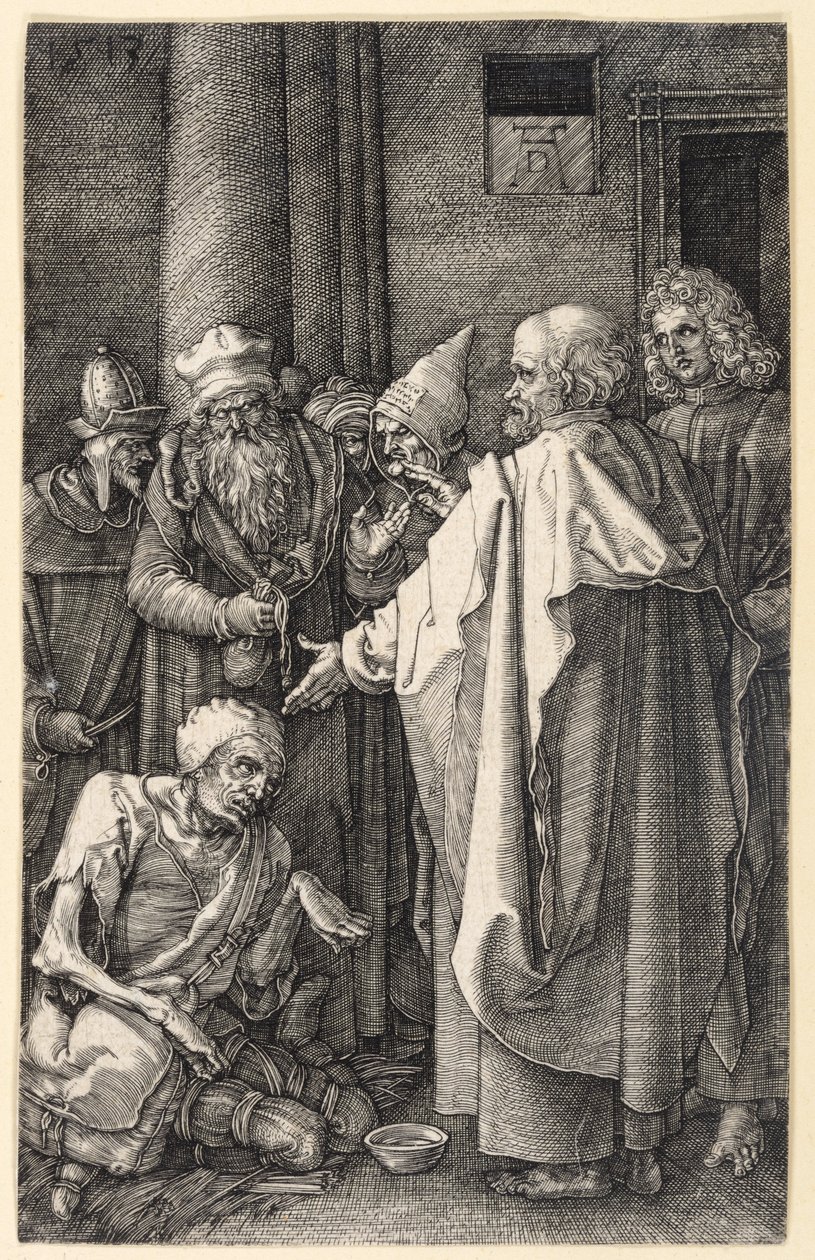 Petrus en Johannes genezen een lamme bedelaar in de tempel (Gegraveerde Passie) door Albrecht Dürer