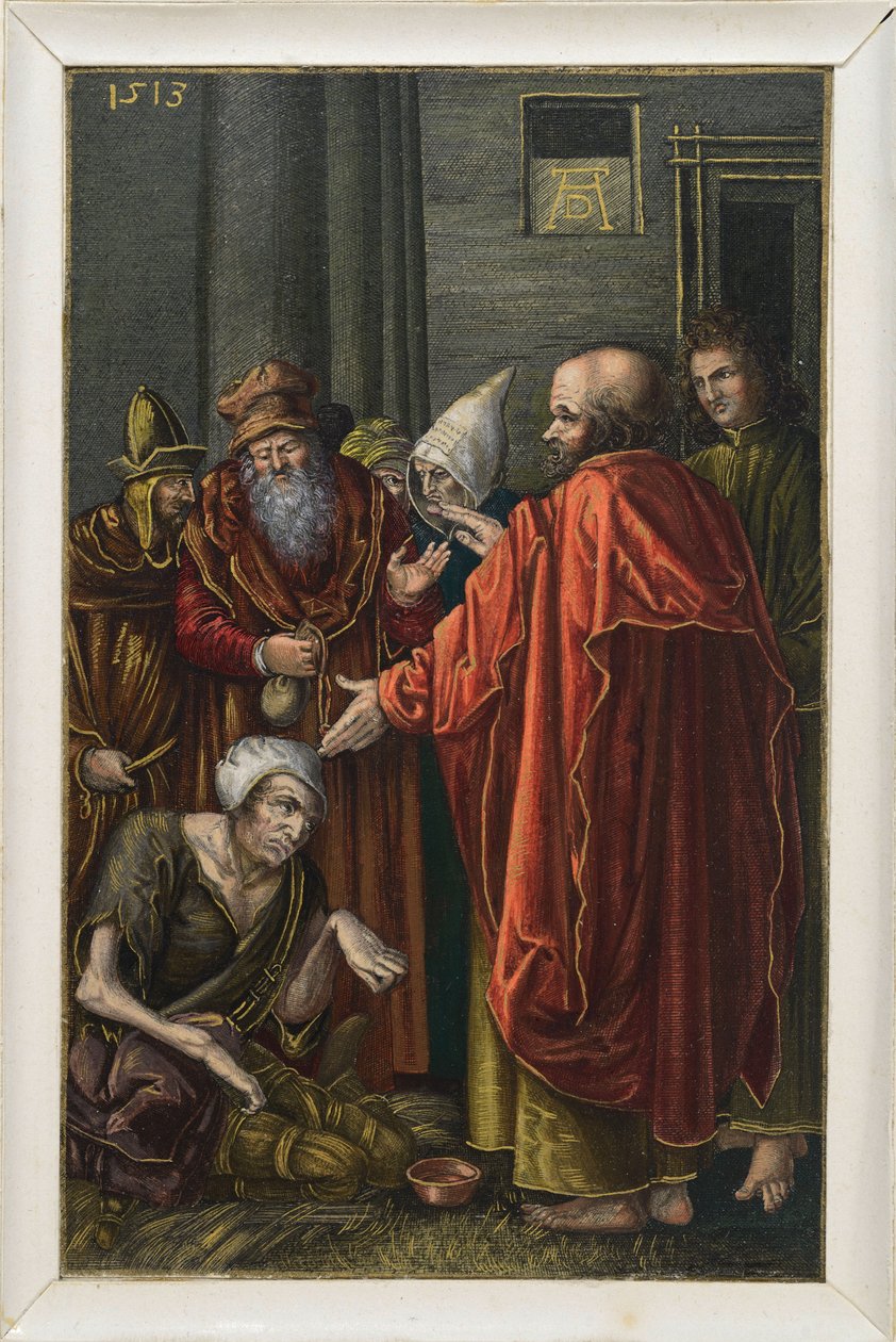 Petrus en Johannes genezen een verlamde bedelaar in de tempel door Albrecht Dürer