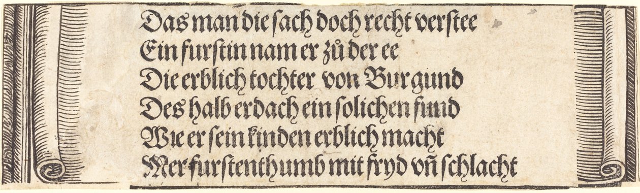 Gedrukte tekst voor De verloving van Maximiliaan met Maria van Bourgondië, 1515 door Albrecht Dürer