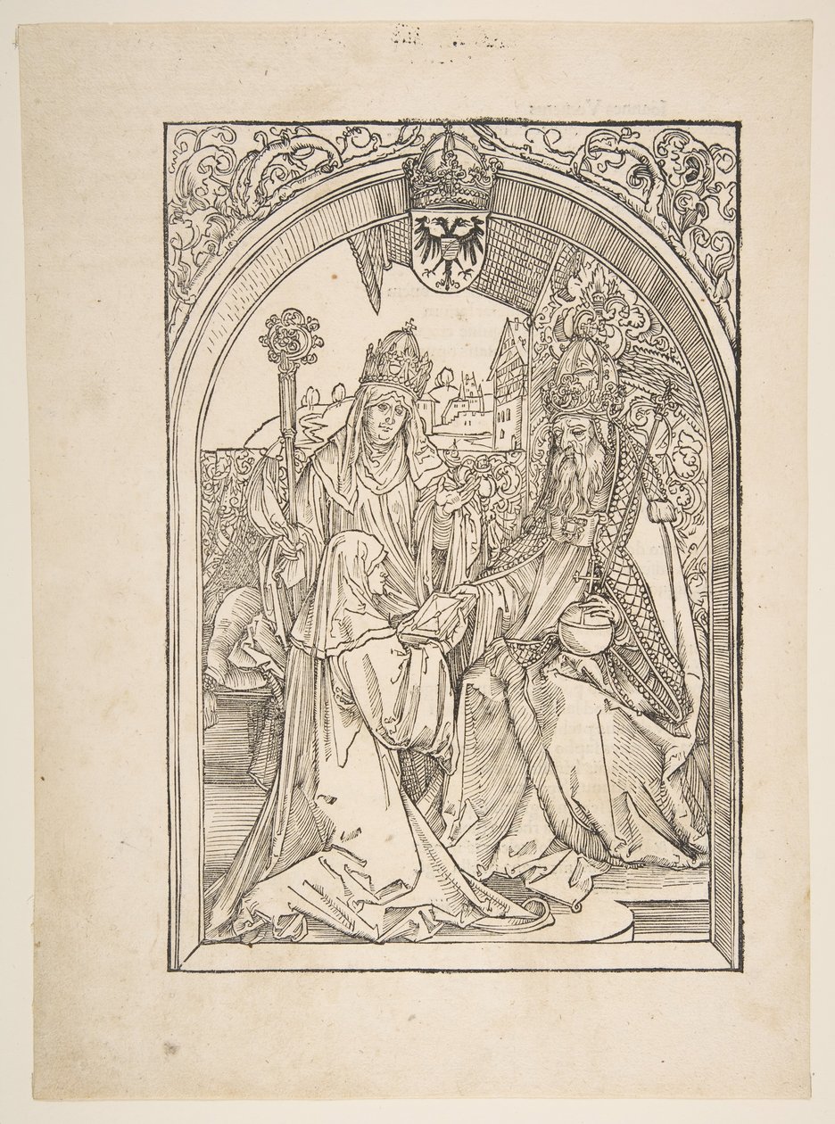 Rosvitha presenteert de komedies aan keizer Otto I. illustratie uit de Opera Hrosvi... door Albrecht Dürer