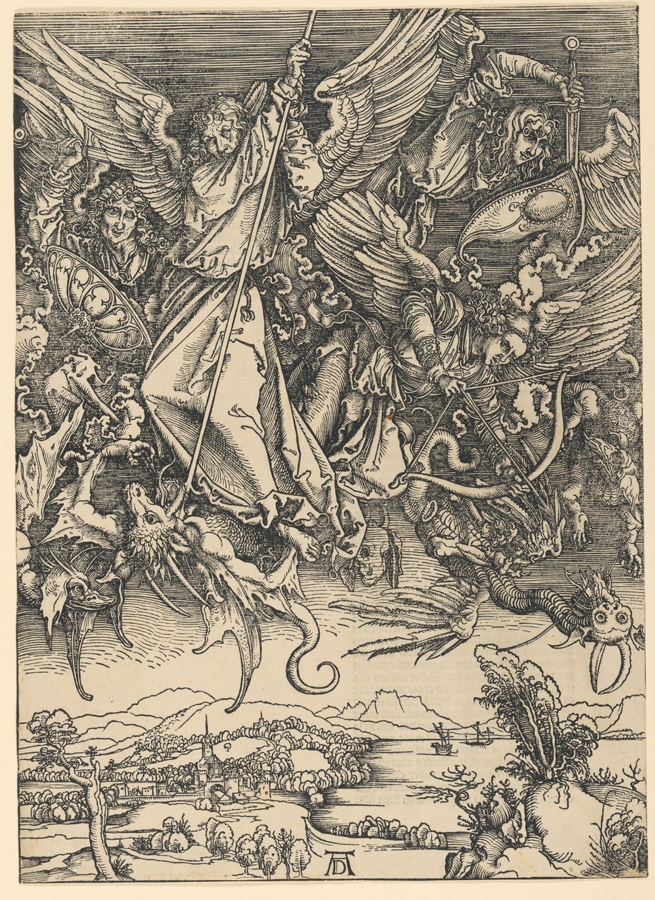 De heilige Michaël in gevecht met de draak, uit de serie De Apocalyps door Albrecht Dürer