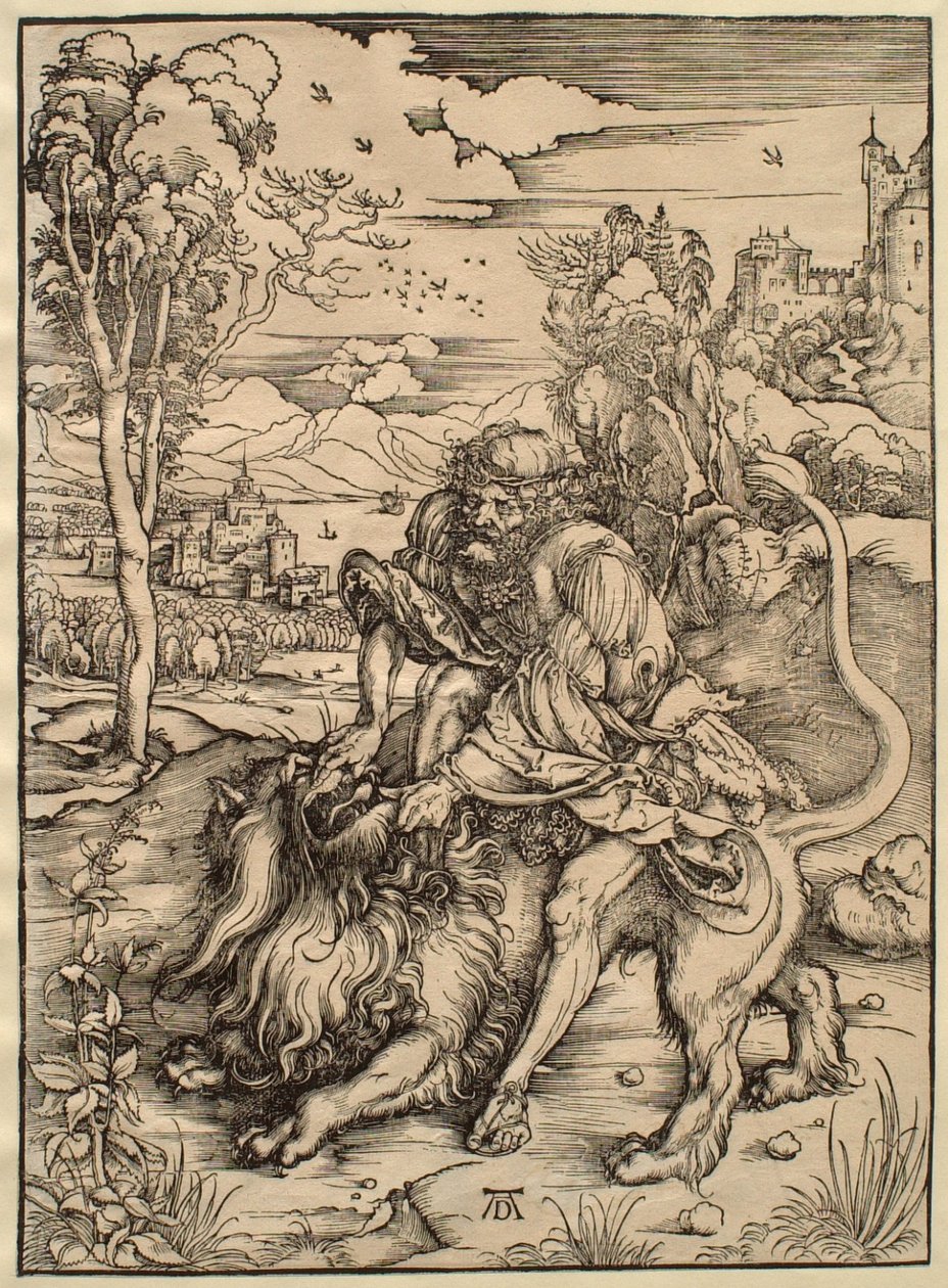 Simson vechtend met de leeuw door Albrecht Dürer
