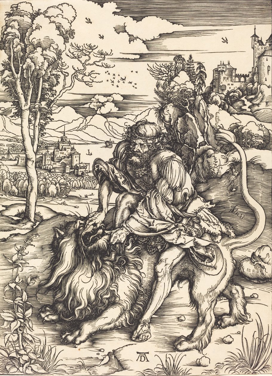 Simson vecht met de leeuw, ca. 1497-1498 door Albrecht Dürer