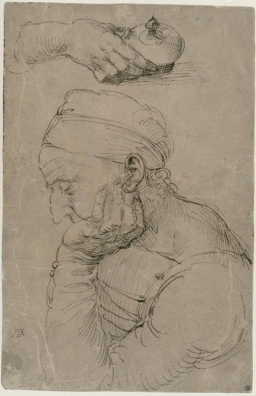 Slapende man en studie van een hand met een zalfpotje door Albrecht Dürer
