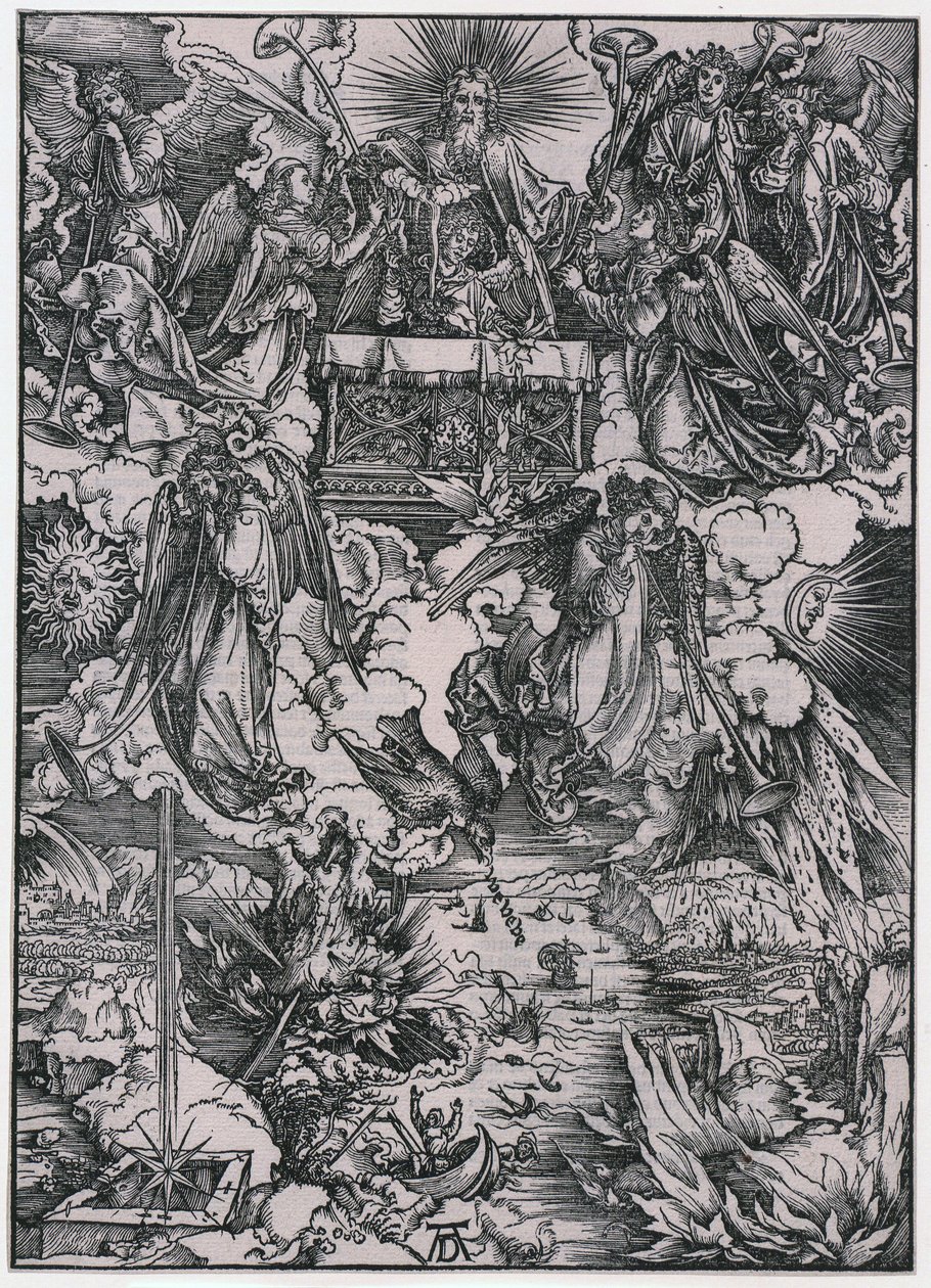 Zeven bazuinende engelen, figuur VI, blad 8 uit de reeks „De Apocalyps“ door Albrecht Dürer
