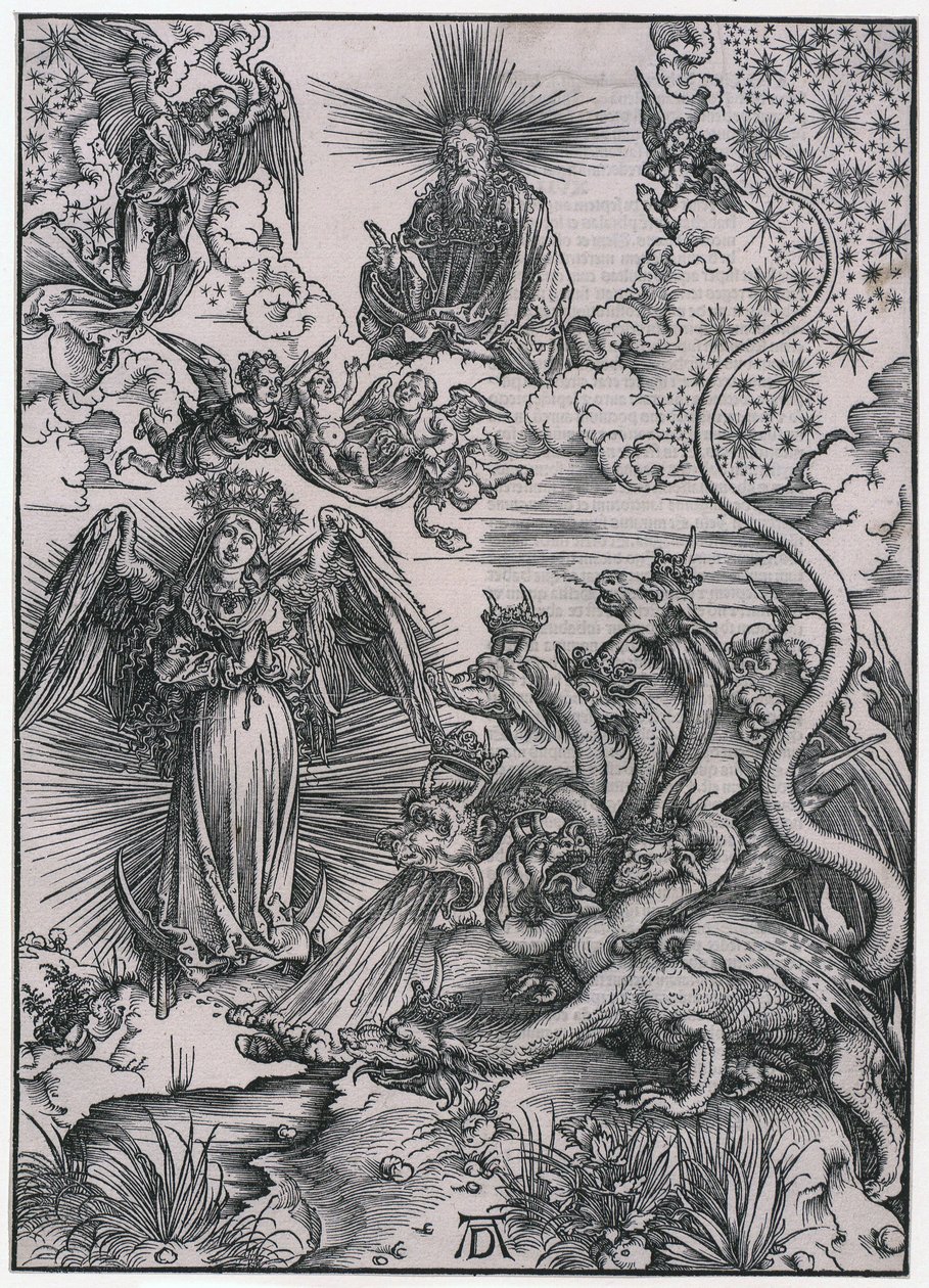 De Zonnedame en de zevenkoppige draak, IX. Figuur, blad 11 uit de serie „De Apocalyps“ door Albrecht Dürer