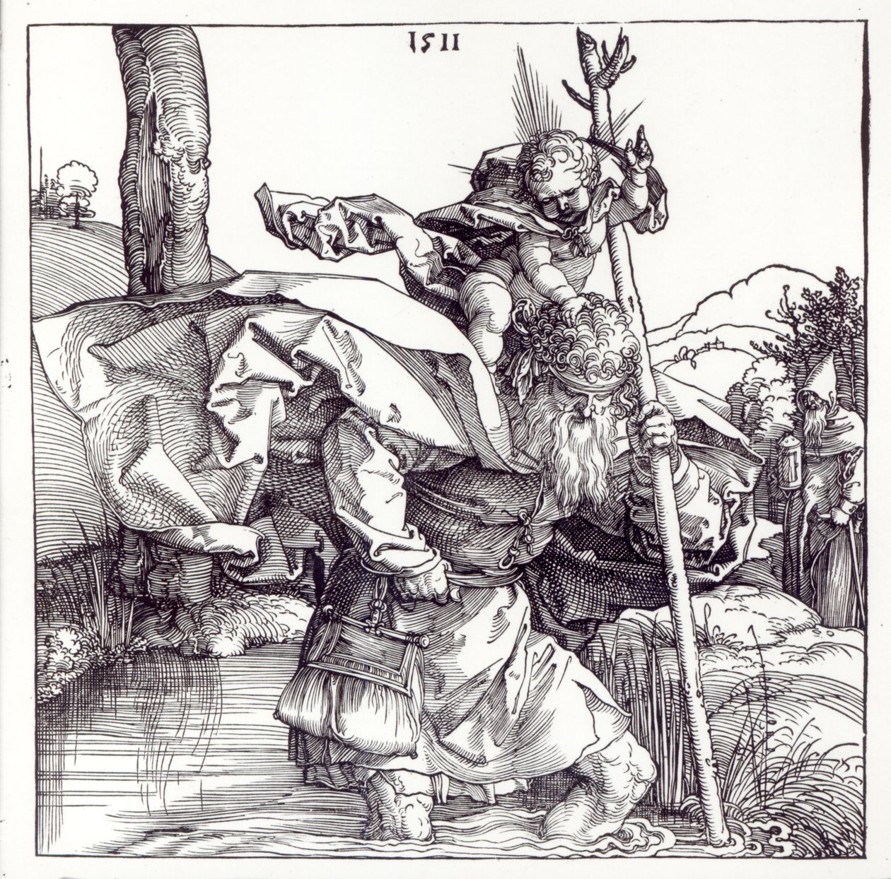 Sint-Christoffel draagt het Christuskind, 1511 (houtsnede) (zw foto) door Albrecht Dürer